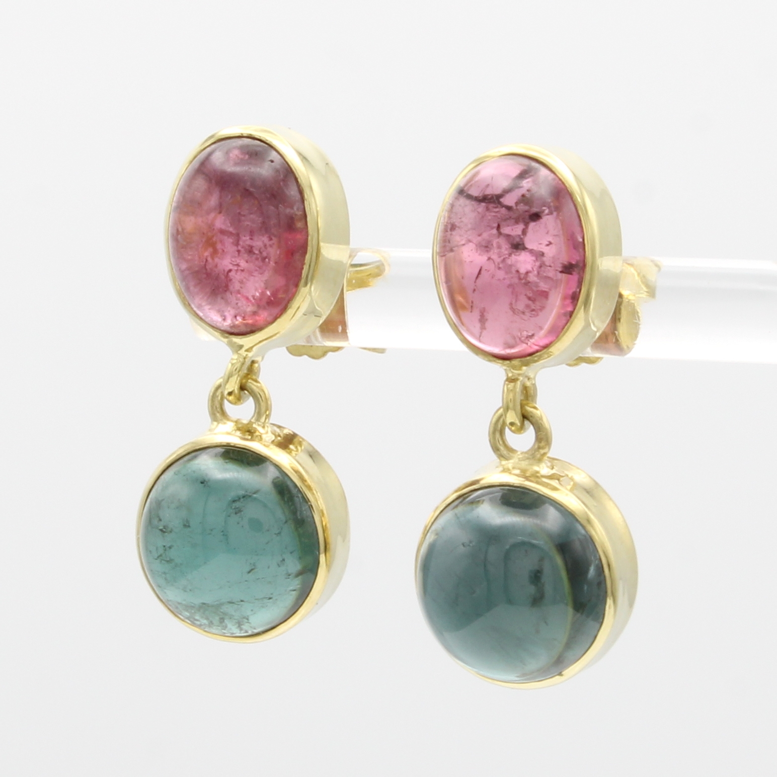 Image 27065445 - Paar Ohrstecker mit Turmalinen, GG 585/000, 2 ovale, rosa u. 2 runde, grüne Turmalin- ...