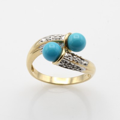 27065400a - Ring mit Türkisen und Brillanten, GG 585/000, versetzt gearb., 2 Türkiskugeln ca. 5.5 ...
