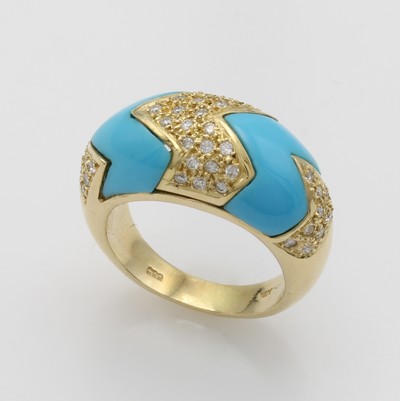 27065402a - Ring mit Türkisen und Brillanten, GG 585/000, konvexer Ringkopf im Zick-Zack Muster ...
