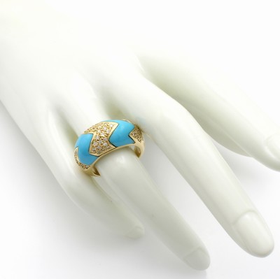 27065402b - Ring mit Türkisen und Brillanten, GG 585/000, konvexer Ringkopf im Zick-Zack Muster ...