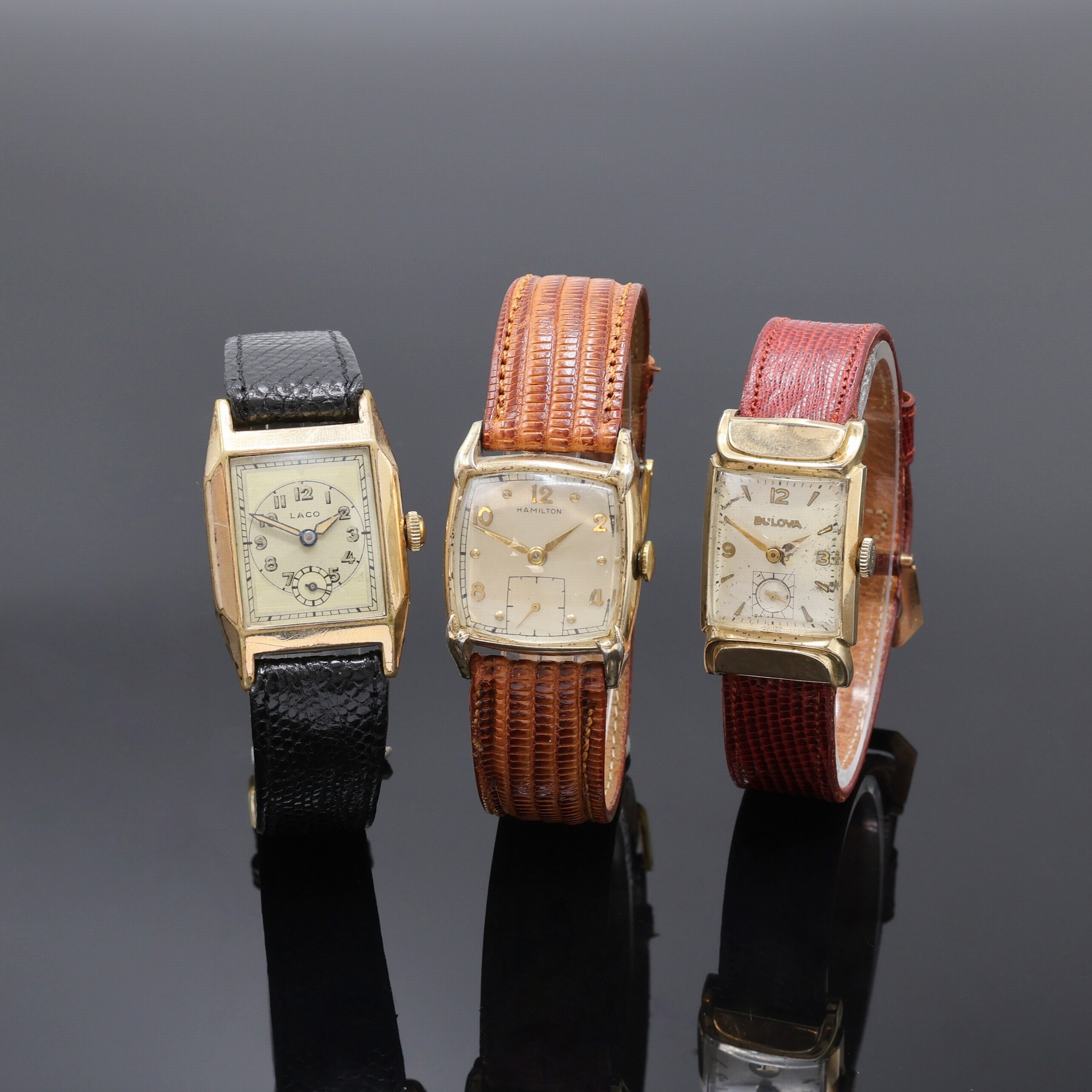 Konvolut: 3 Goldfilled Armbanduhren Bulova, Laco und Hamilton, Schweiz/USA/Deutschland 1940er Jahre, alle Handaufzug, 2-teil. Gehäuse ber./dell., ...