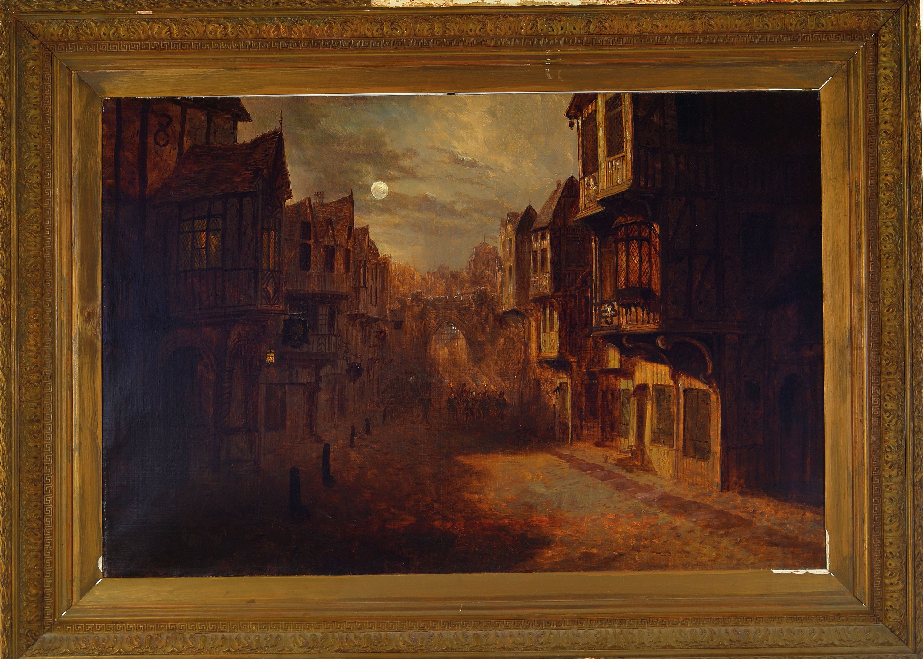 Detail k: Frank Hinder, englischer Maler, 1861-1933, Vollmond über einer Londoner Straßenszene, mittig Menschen mit Fackeln, Öl/Lwd, rest., doubl., rechts ...