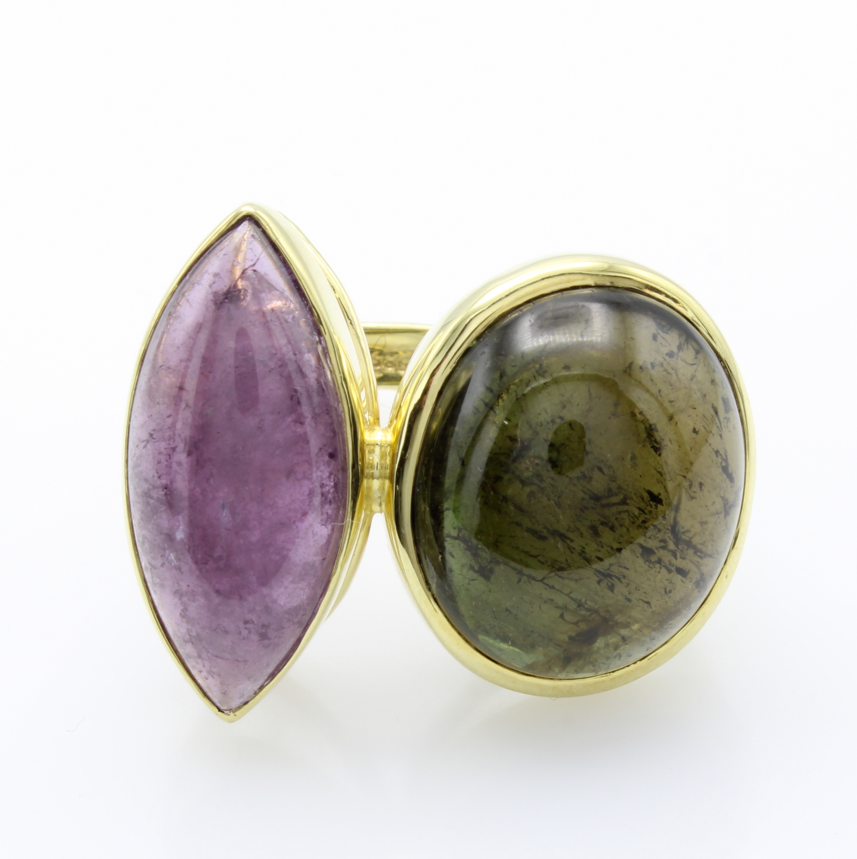 Image 27066684 - Ring mit Farbsteincabochons, GG 585/000, navettef. Amethyst u. grüner, runder Turmalin ...