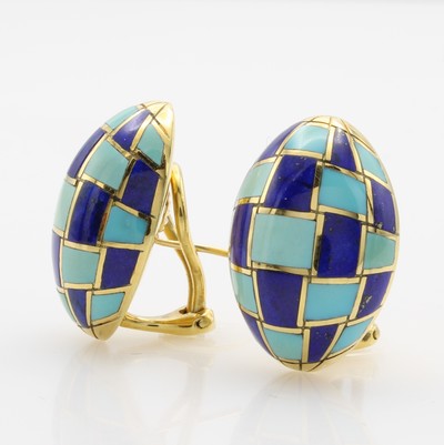 27066678a - Paar Ohrstecker mit Farbsteinen, GG 750/000,ovale Form, Türkis- und ...