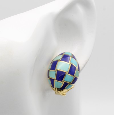 27066678b - Paar Ohrstecker mit Farbsteinen, GG 750/000,ovale Form, Türkis- und ...