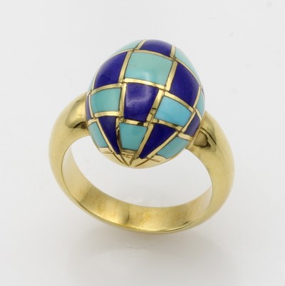 27066679a - Ring mit Farbsteinen, GG 750/000, ovaler Ringkopf, Türkis- und Lapislazulieinlagen, RW ...