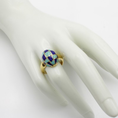 27066679b - Ring mit Farbsteinen, GG 750/000, ovaler Ringkopf, Türkis- und Lapislazulieinlagen, RW ...