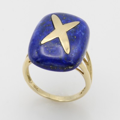 27066687a - Ring mit Lapislazuli, GG 585/000, geteilte Ringschultern, rechteck. Lapislazuli mit ...
