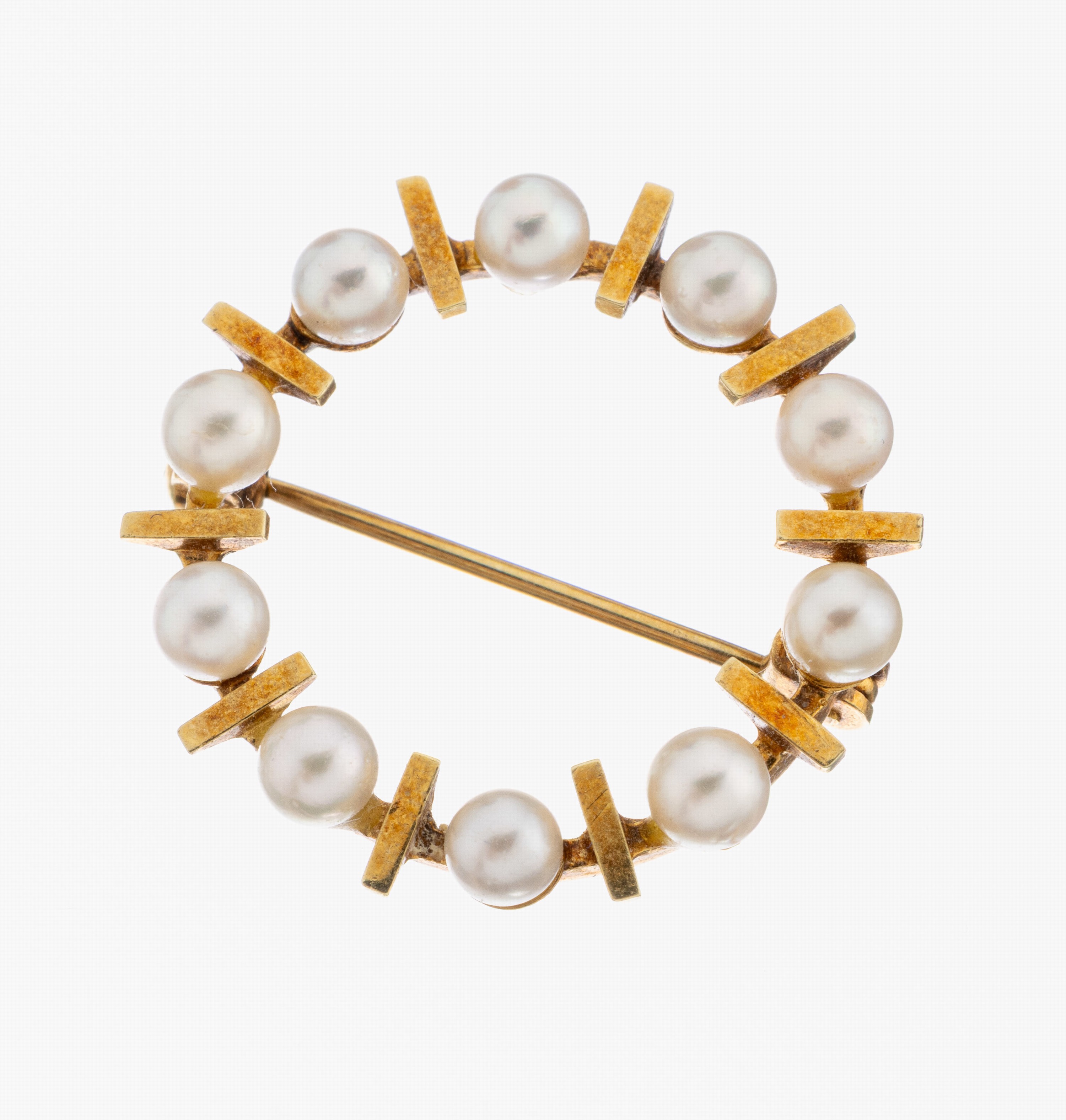 Image 27066769 - 14 kt Gold Perl-Brosche, GG 585/000, Kreis,10 Zuchtperlen, D. ca. 3.6 mm, D. ca. 2.6 ...