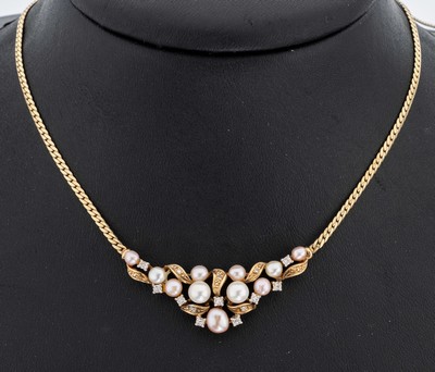 Image 14 kt Gold Perl-Diamant-Collier, GG 585/000, Mittelteil mit 11 l. unrunden Zuchtperlen ...
