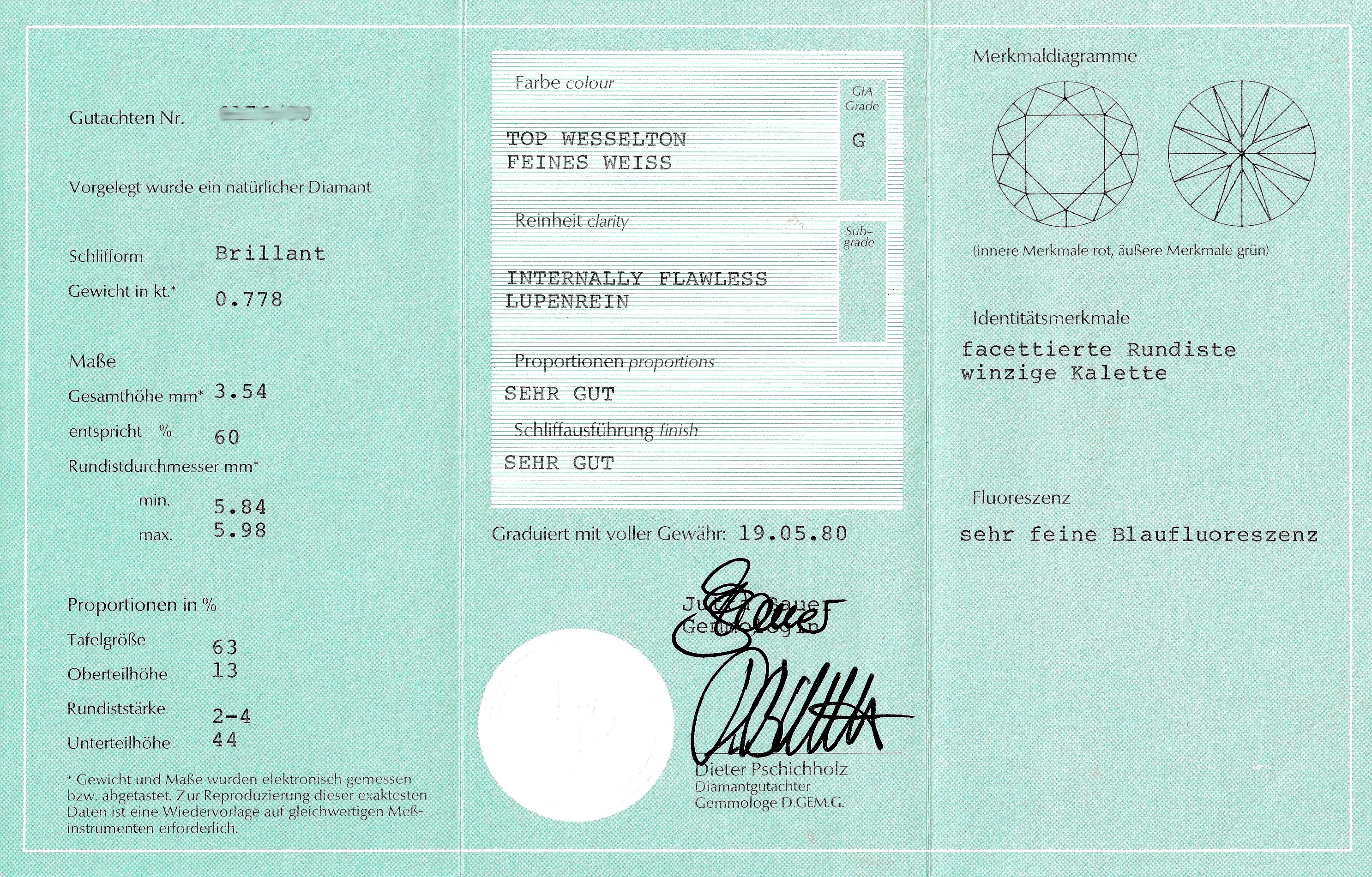 Detail c: Loser Brillant, ca. 0.778 ct feines Weiß/lr, mit Zertifikat