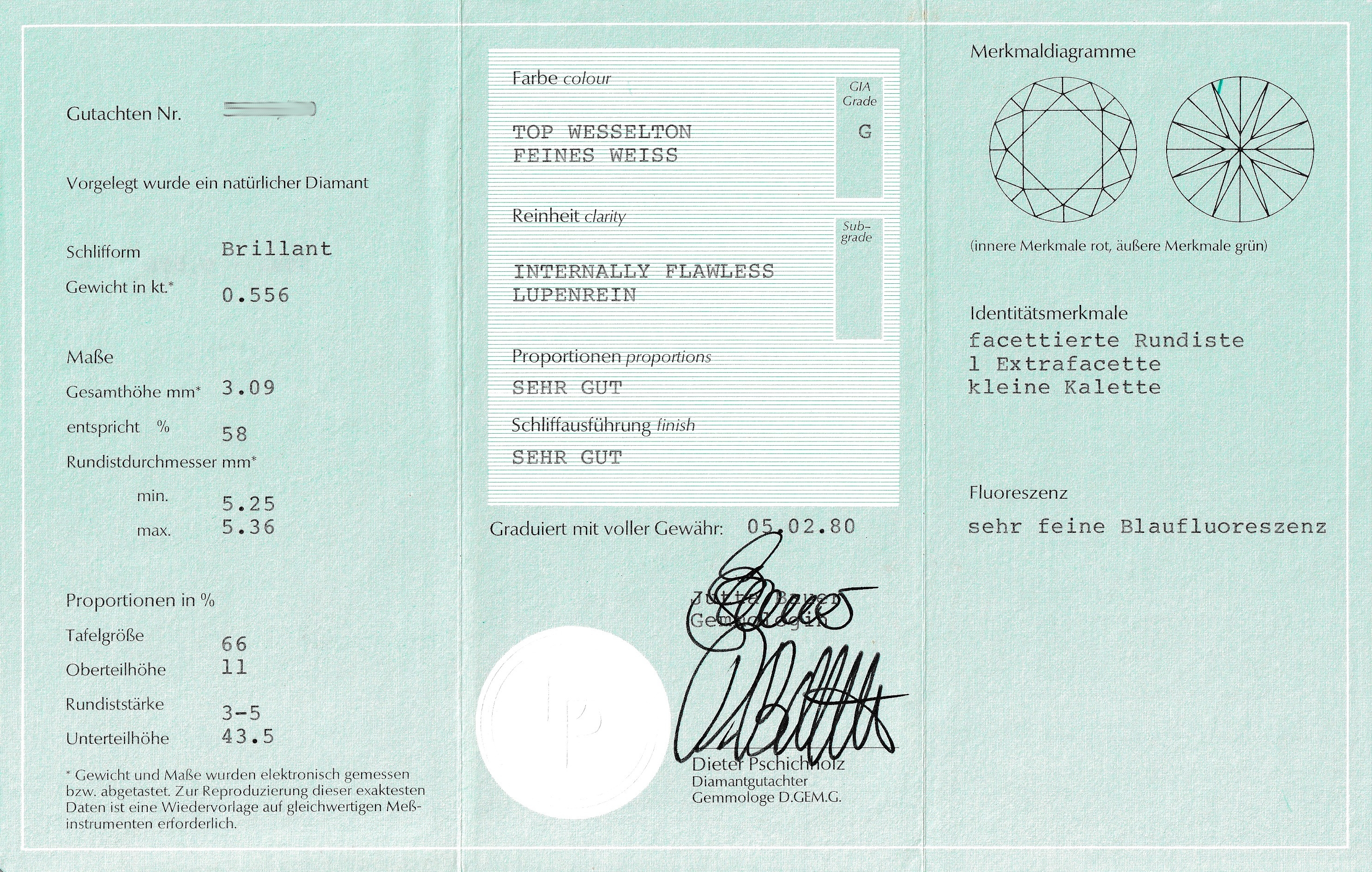 Detail c: Loser Brillant, ca. 0.556 ct feines Weiß/lupenrein, mit Zertifikat