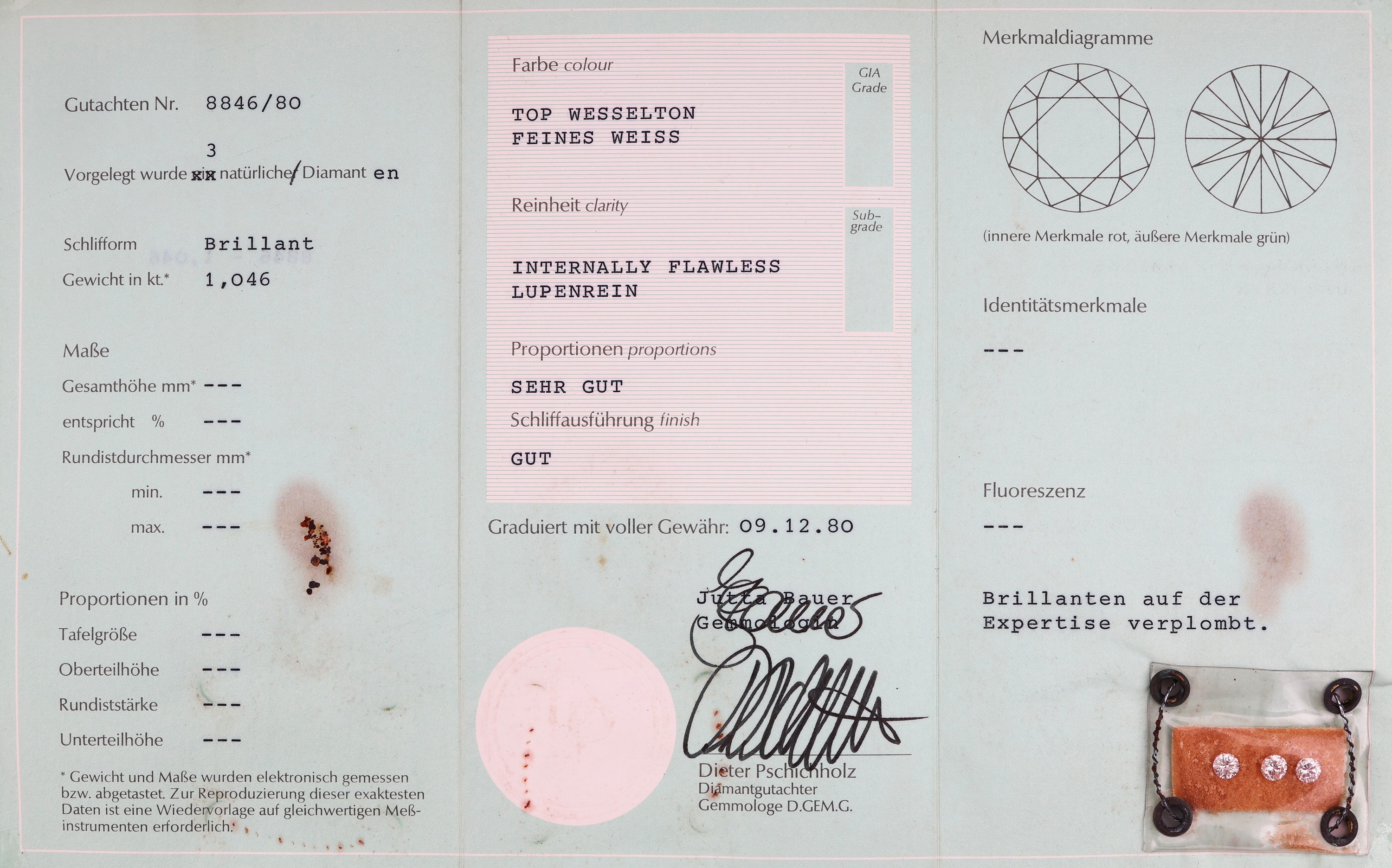 Image 27067134 - 3 lose Brillanten, zus. 1.046 ct feines Weiß/lr, verplombt, mit Zertifikat Schätzpreis: ...