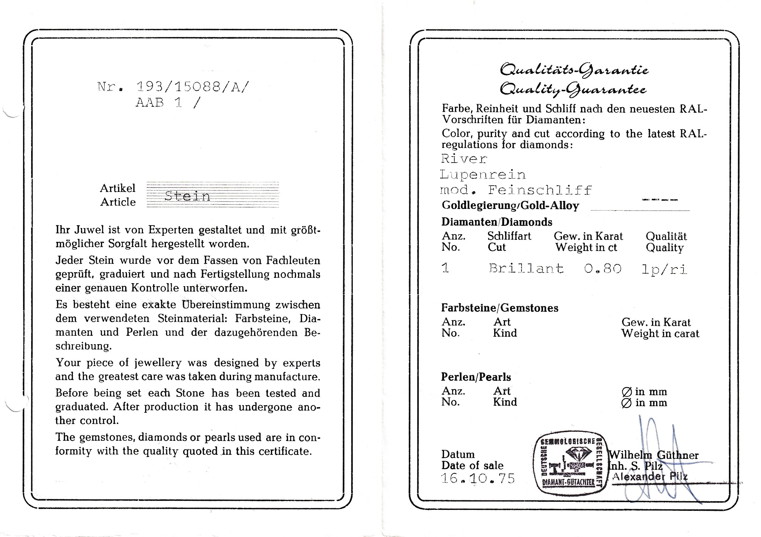 Detail c: Loser Brillant, 0.80 ct hochfeines Weiß/lupenrein, mit Zertifikat