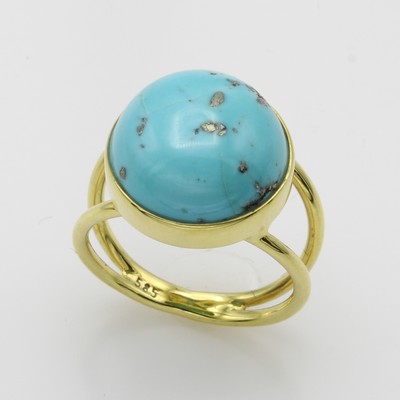 27067168a - Ring mit Türkis, GG 585/000, runder Türkis ca. 11 ct, 2-rhg. Schiene, RW ca. 56 ...