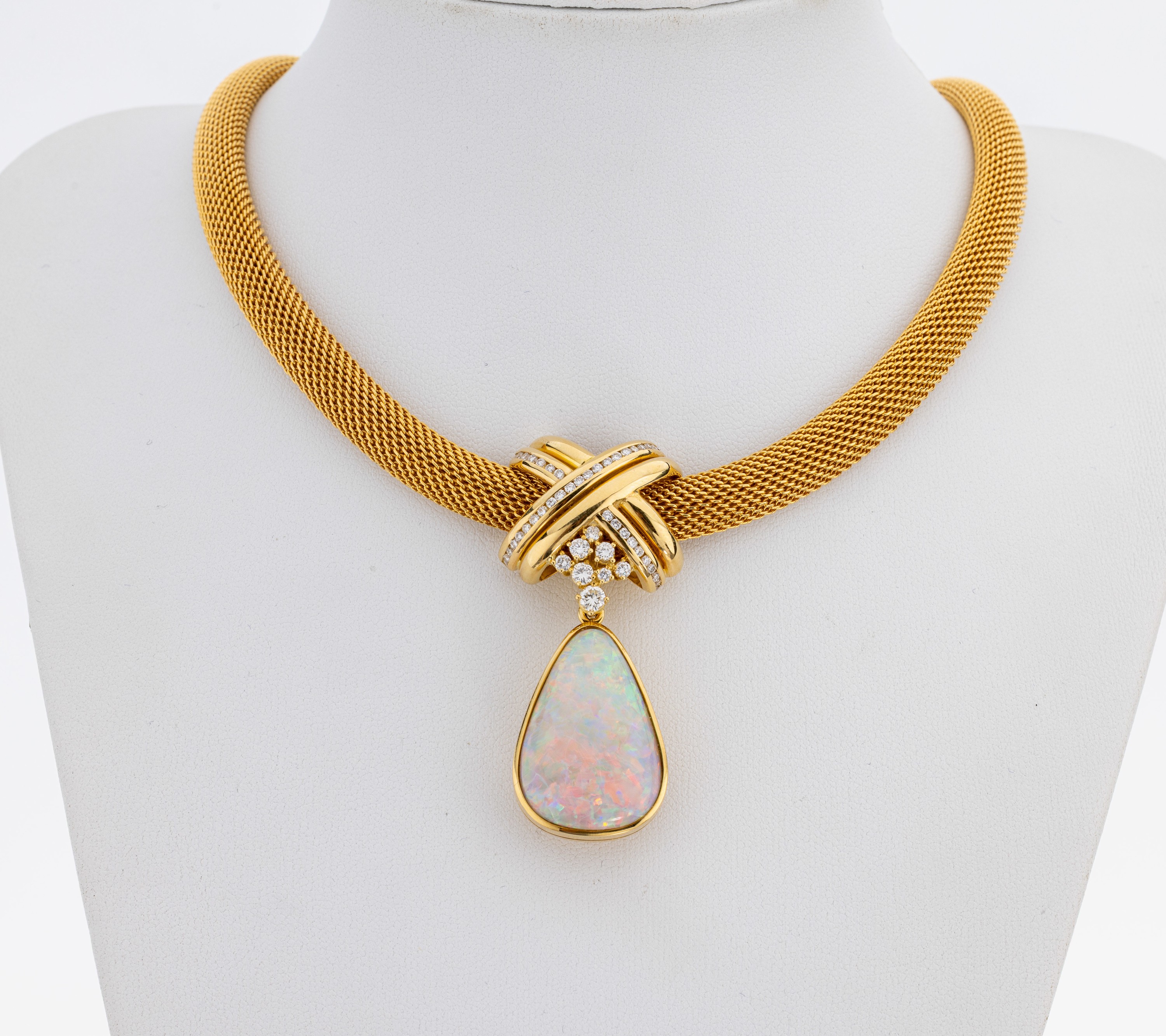 Detail a: 18 kt Gold Brillant-Aquamarin-Opal-Collier, GG/WG 750/000, Einzelanfertigung eines renommierten Idar-Obersteiner Goldschmieds, Strickcollier, bewegl. ...