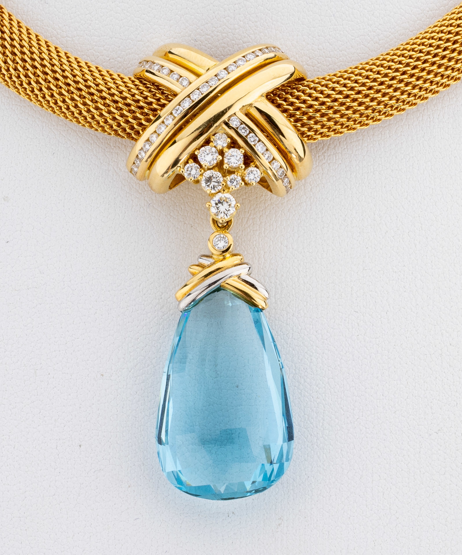 Detail b: 18 kt Gold Brillant-Aquamarin-Opal-Collier, GG/WG 750/000, Einzelanfertigung eines renommierten Idar-Obersteiner Goldschmieds, Strickcollier, bewegl. ...