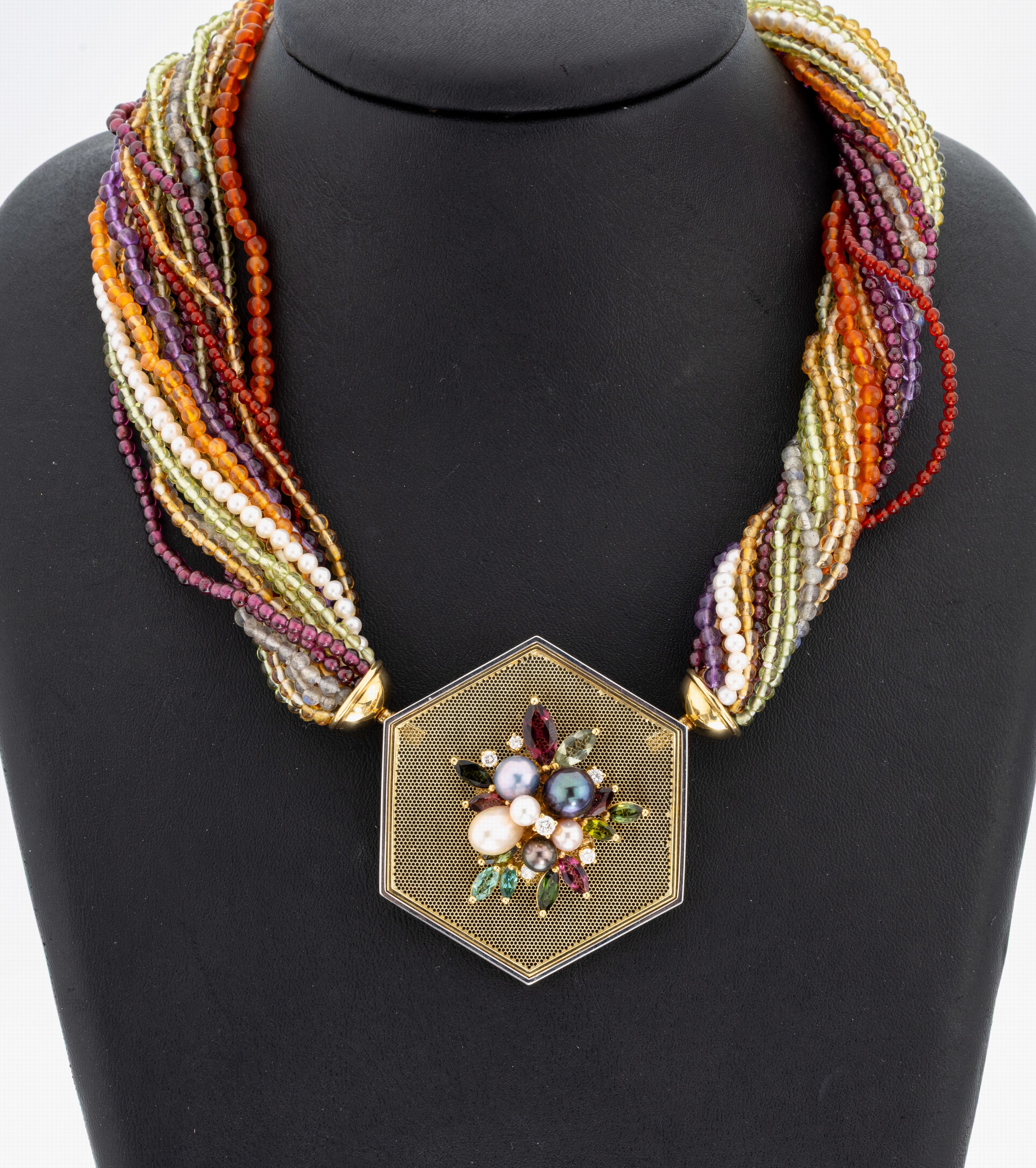 Image 27067267 - Coloured stone-necklace with 18 kt gold and platinum tourmaline-pearl-brilliant-middle ...