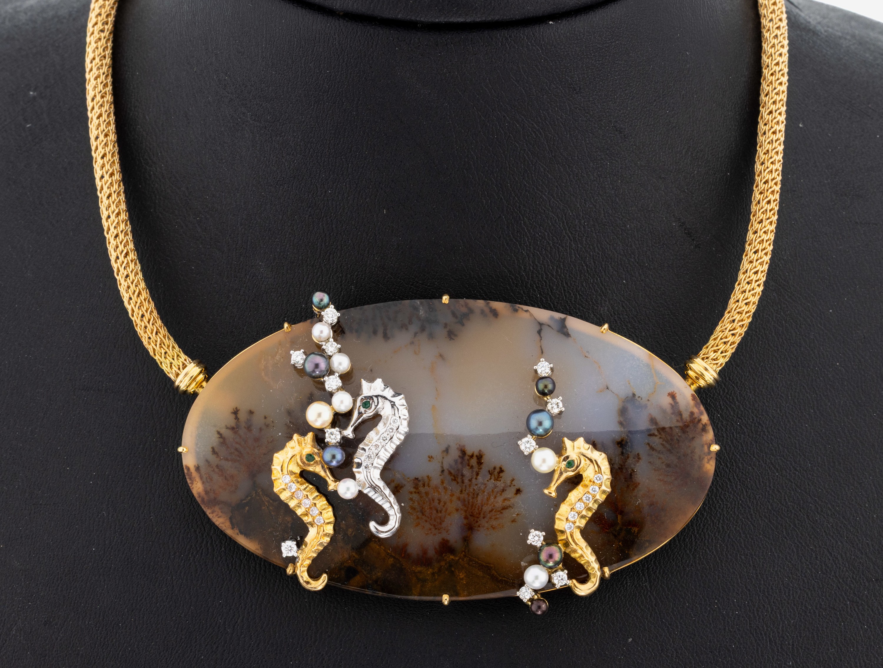 Image 27067269 - 18 kt Gold Achat-Brillant-Perl-Collier, GG/WG 750/000, Einzelanfertigung eines ...