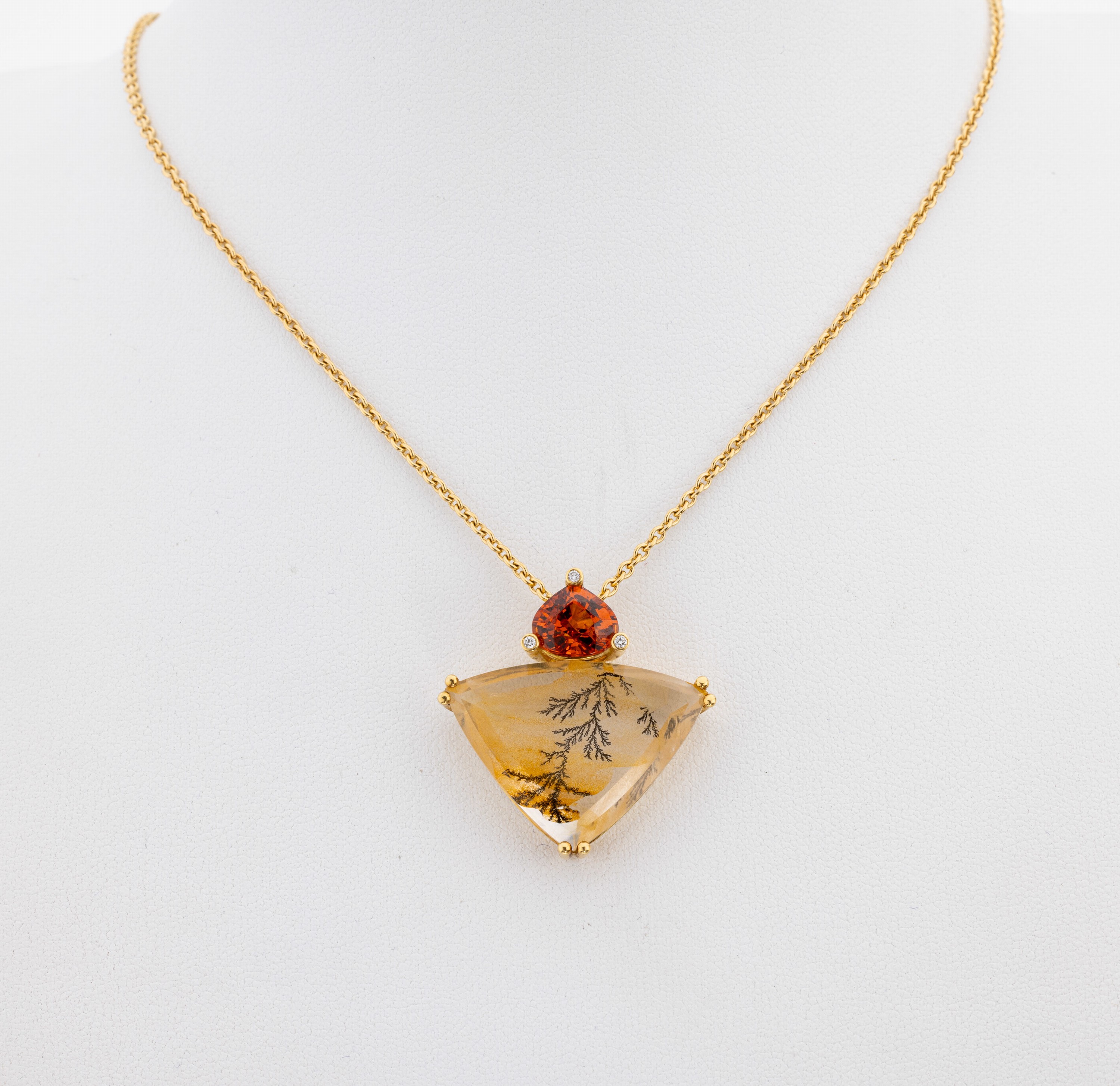 Image 27067284 - 18 kt Gold Dendritachat-Mandaringranat -Brillant-Anhänger, GG 750/000, ...