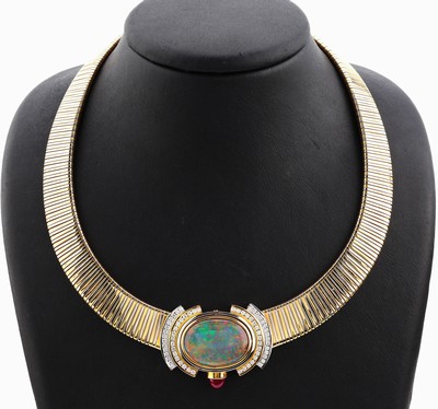 27067265a - 18 kt Gold und Platin Opal-Brillant-Rubin- Collier, GG 750/000, Einzelanfertigung eines ...
