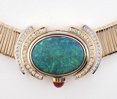 27067265b - 18 kt Gold und Platin Opal-Brillant-Rubin- Collier, GG 750/000, Einzelanfertigung eines ...