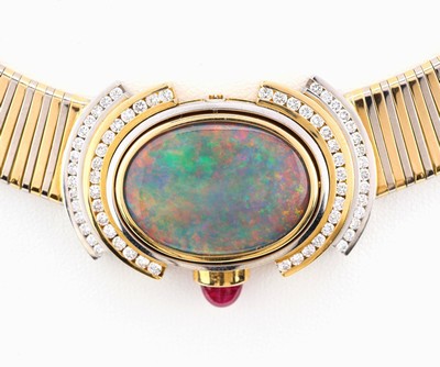27067265c - 18 kt Gold und Platin Opal-Brillant-Rubin- Collier, GG 750/000, Einzelanfertigung eines ...