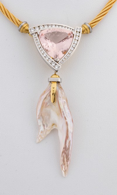 27067266a - 18 kt Gold und Platin Morganit-Brillant-Perl -Collier, GG 750/000 und Platin, ...