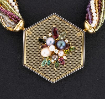 27067267a - Coloured stone-necklace with 18 kt gold and platinum tourmaline-pearl-brilliant-middle ...