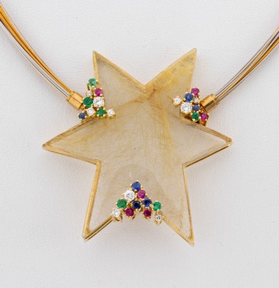 27067268a - 18 kt Gold Rutilquarz-Rubin-Smaragd-Saphir -Brillant-Collier, GG/WG 750/000, ...