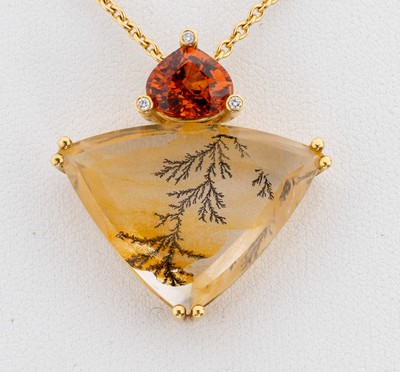 27067284a - 18 kt Gold Dendritachat-Mandaringranat -Brillant-Anhänger, GG 750/000, ...
