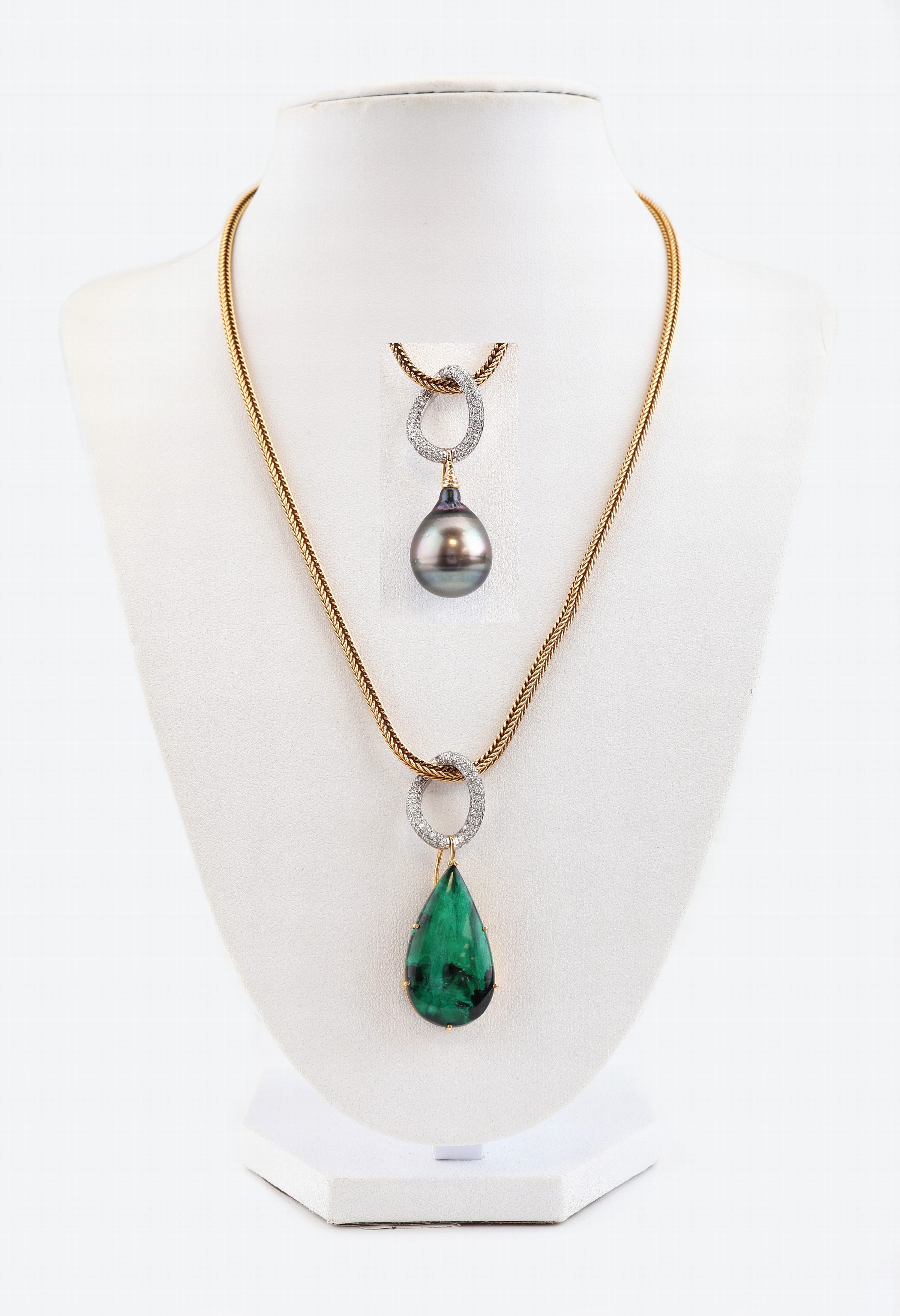 Image 27067313 - 18 kt Gold Brillant-Chrysokoll-Malachit-Perl- Collier, GG/WG 750/000, Einzelanfertigung ...