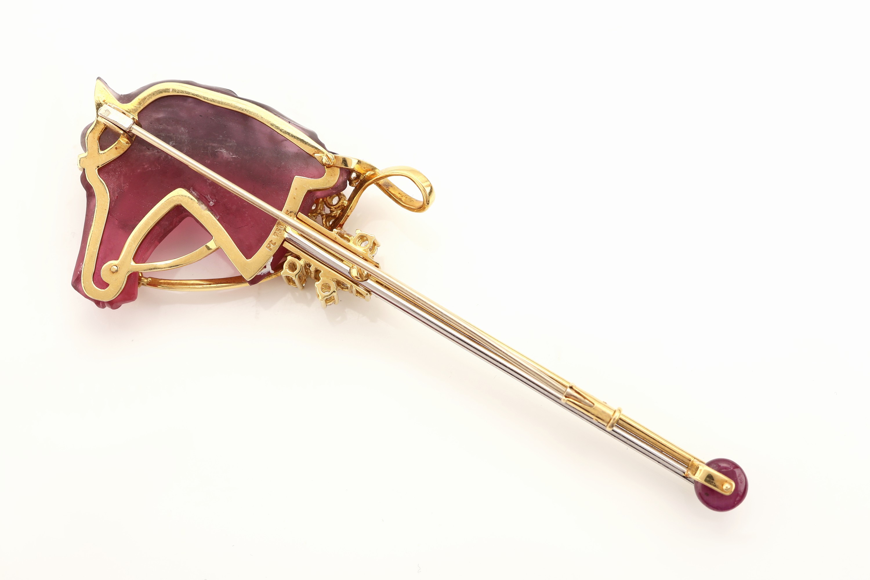 Detail a: 18 kt Gold und Platin Rubellit-Brillant -Brosche, GG 750/000 und Pt., Einzelanfertigung eines renommierten Idar- Obersteiner Goldschmieds, plastisch ...
