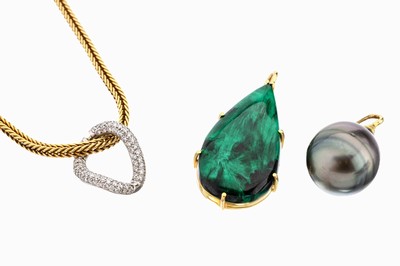 27067313b - 18 kt Gold Brillant-Chrysokoll-Malachit-Perl- Collier, GG/WG 750/000, Einzelanfertigung ...