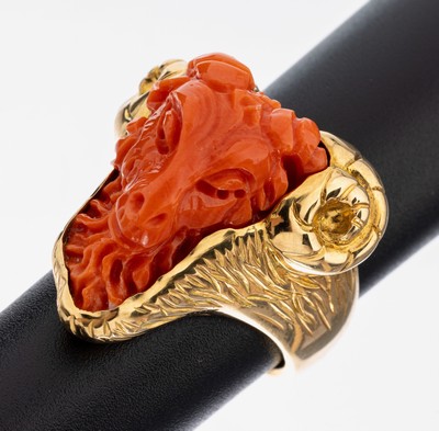 Image 18 kt Gold Korallen-Ring, ´Widder´, GG 750/000, Einzelanfertigung eines renommierten ...