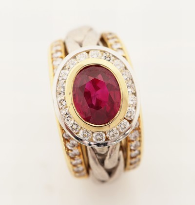 27067318a - 18 kt Gold und Platin Rubin-Brillant-Ring, GG 750/000 und Pt., Einzelanfertigung eines ...
