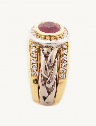 27067318c - 18 kt Gold und Platin Rubin-Brillant-Ring, GG 750/000 und Pt., Einzelanfertigung eines ...