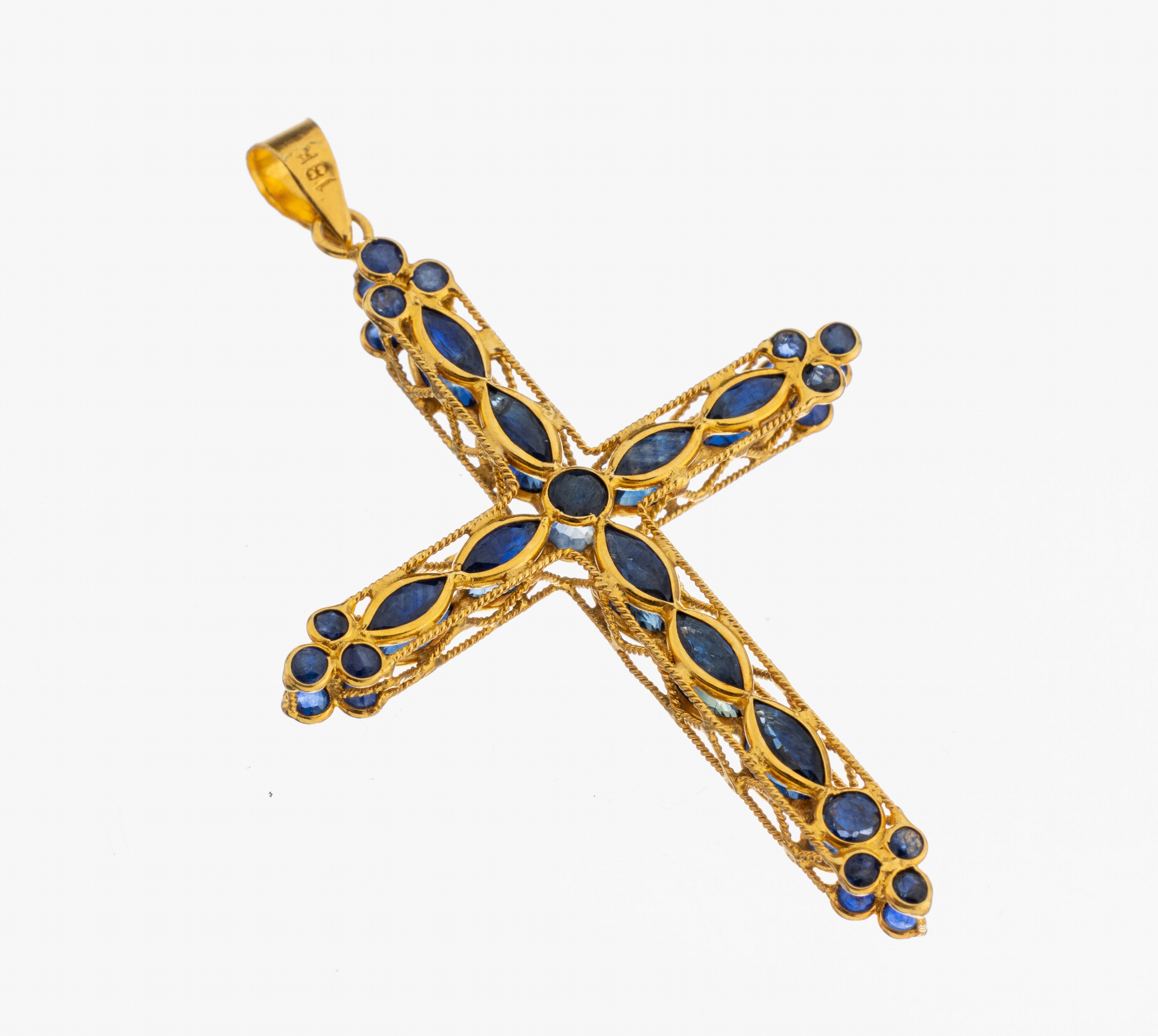Image 27067623 - 18 kt Gold Saphir-Kreuzanhänger, GG 750/000, filigrane Ausführung, 28 rundfacett. ...