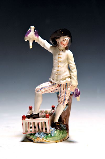 Image Porzellanfigur, Frankenthal, um 1770, Vogelverkäufer, stehender Mann mit Käfig und ...