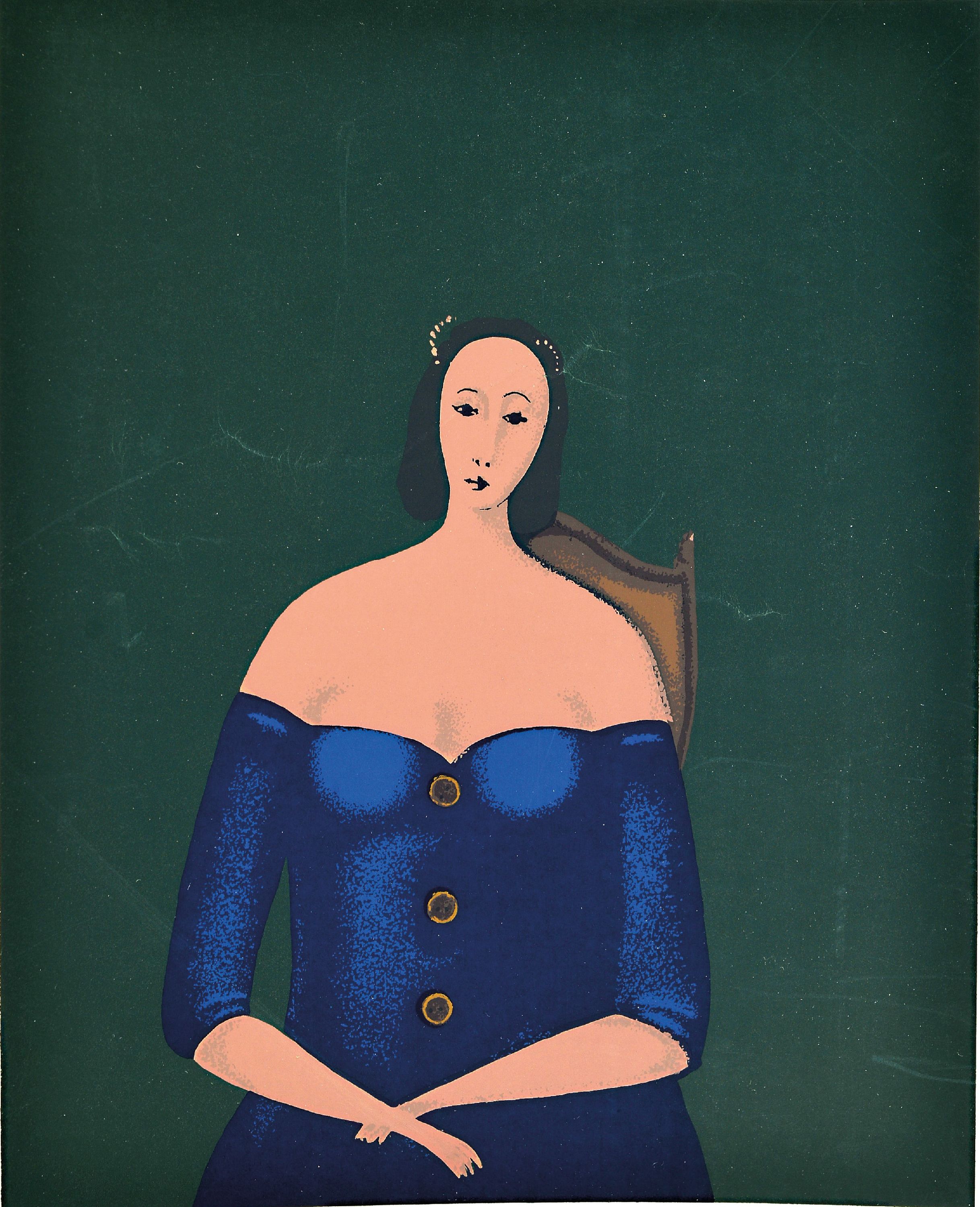 Image 27068107 - Brank Bahunek, geb. 1935 Zagreb, kroatischer Künstler, Farblithographie, sitzende Frau ...