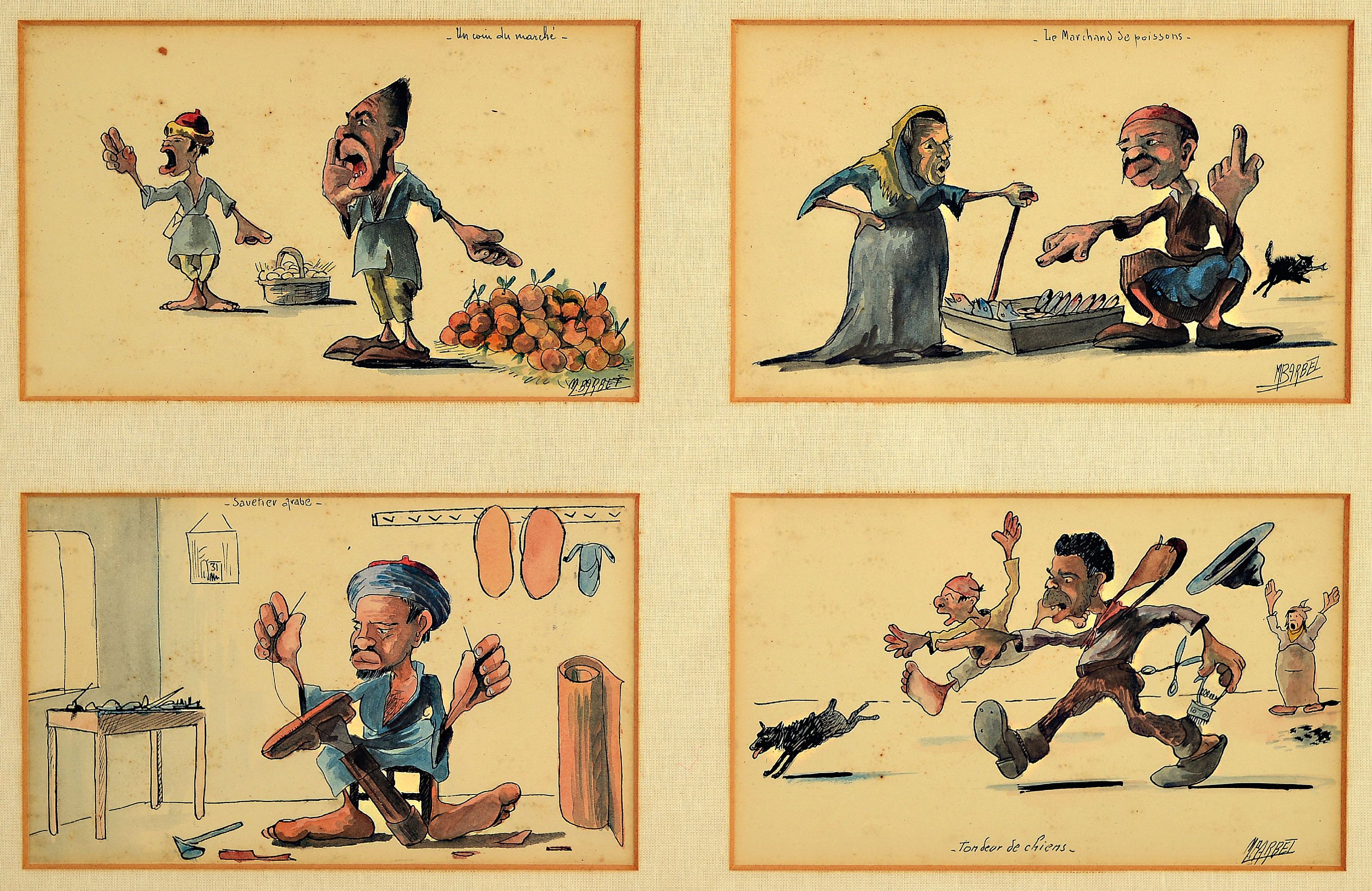 Detail a: M. Barbelt, französischer Karikaturist der Mitte des 20.Jh., "Scenes et Types Algeriens", 14 Aquarelle mit karikierenden Alltagsszenen in ...