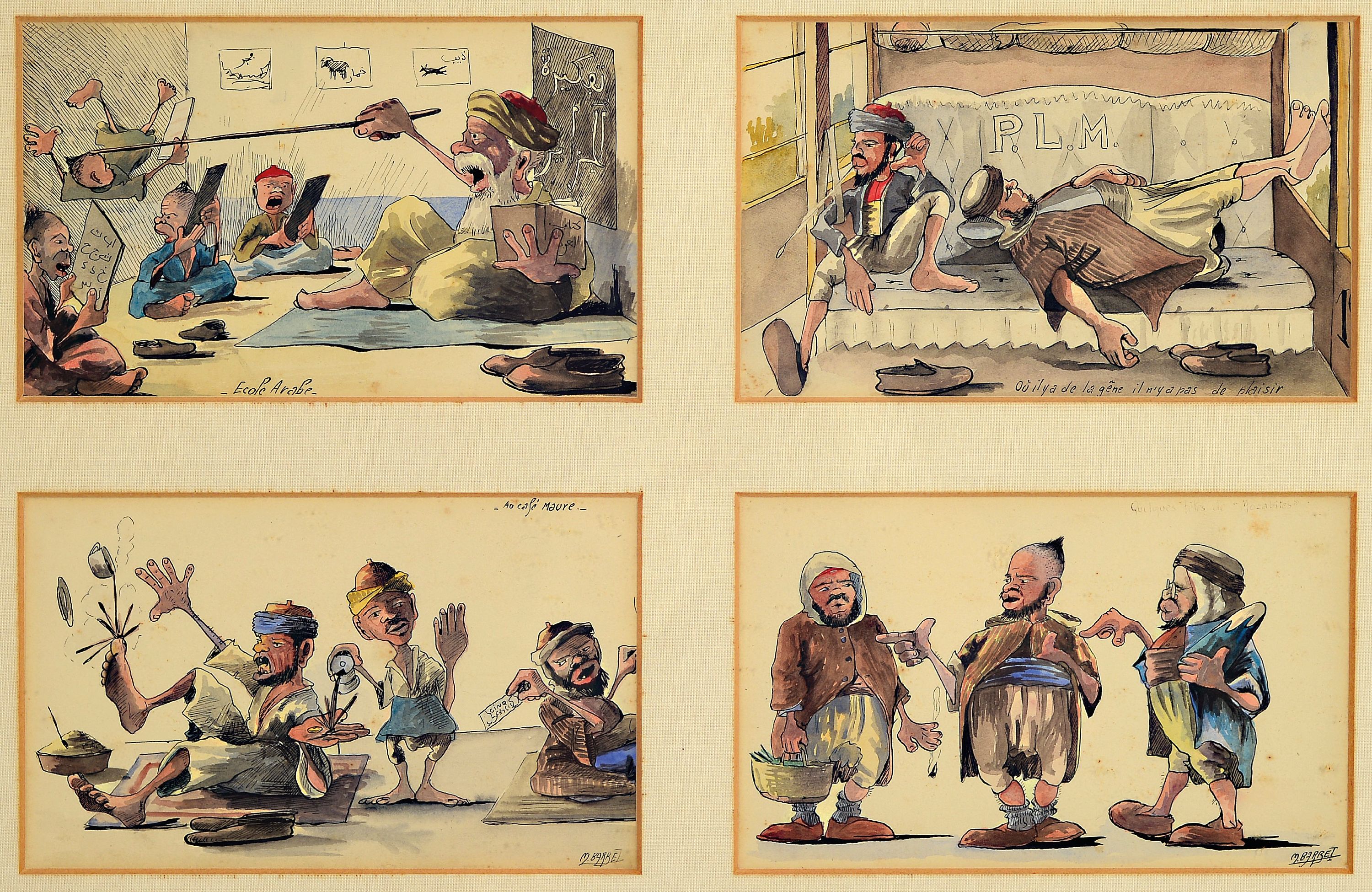 Detail b: M. Barbelt, französischer Karikaturist der Mitte des 20.Jh., "Scenes et Types Algeriens", 14 Aquarelle mit karikierenden Alltagsszenen in ...