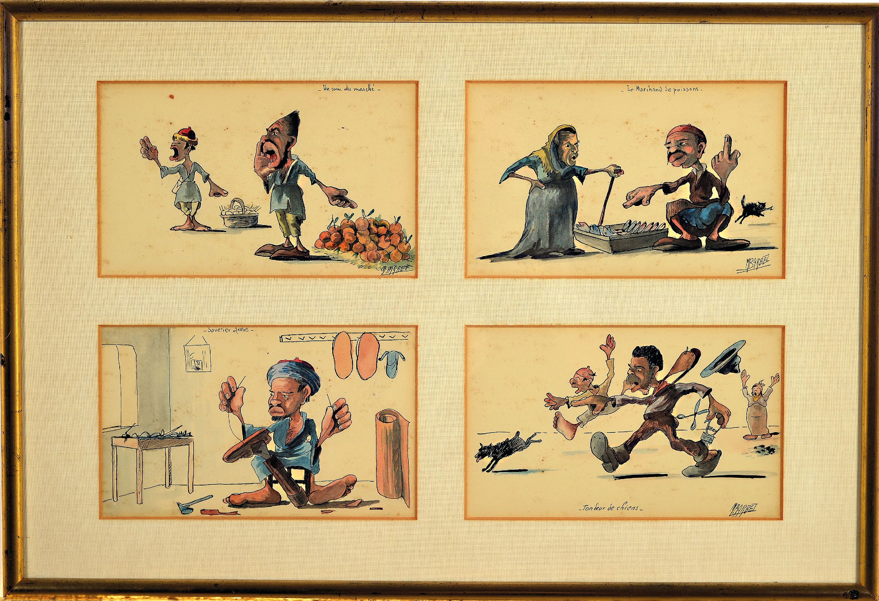 Detail l: M. Barbelt, französischer Karikaturist der Mitte des 20.Jh., "Scenes et Types Algeriens", 14 Aquarelle mit karikierenden Alltagsszenen in ...
