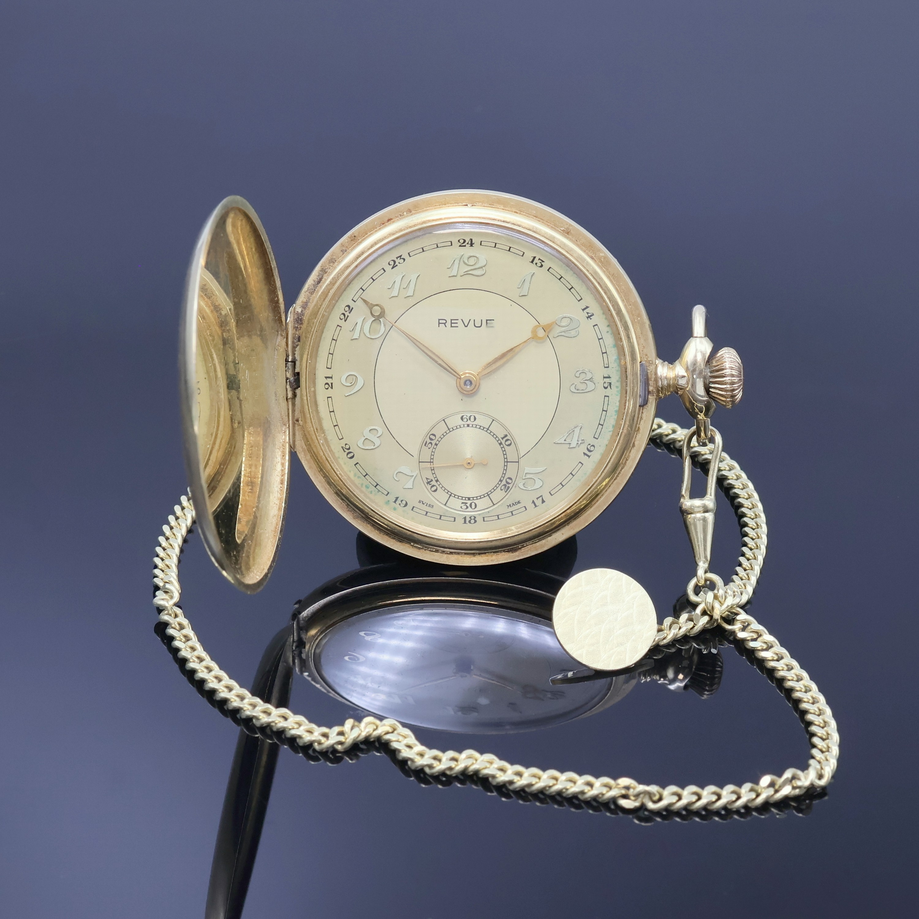 Image 27068157 - REVUE 14k yellow gold hunting cased pocket watch with 14k yellow gold chain, Switzerland ...