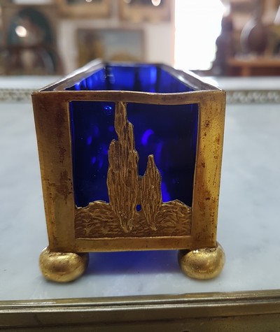 27068148d - Small Jardiniere, France, around 1900, brass, landscape with Pan playing the flute and a ...