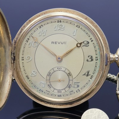 27068157a - REVUE 14k yellow gold hunting cased pocket watch with 14k yellow gold chain, Switzerland ...