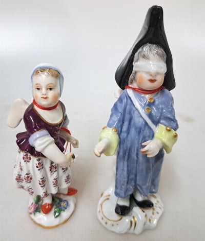 27068175a - 2 cupids, around 1850-1924, 1. Meissen: disguised cupid, polychrome painted, gold ...
