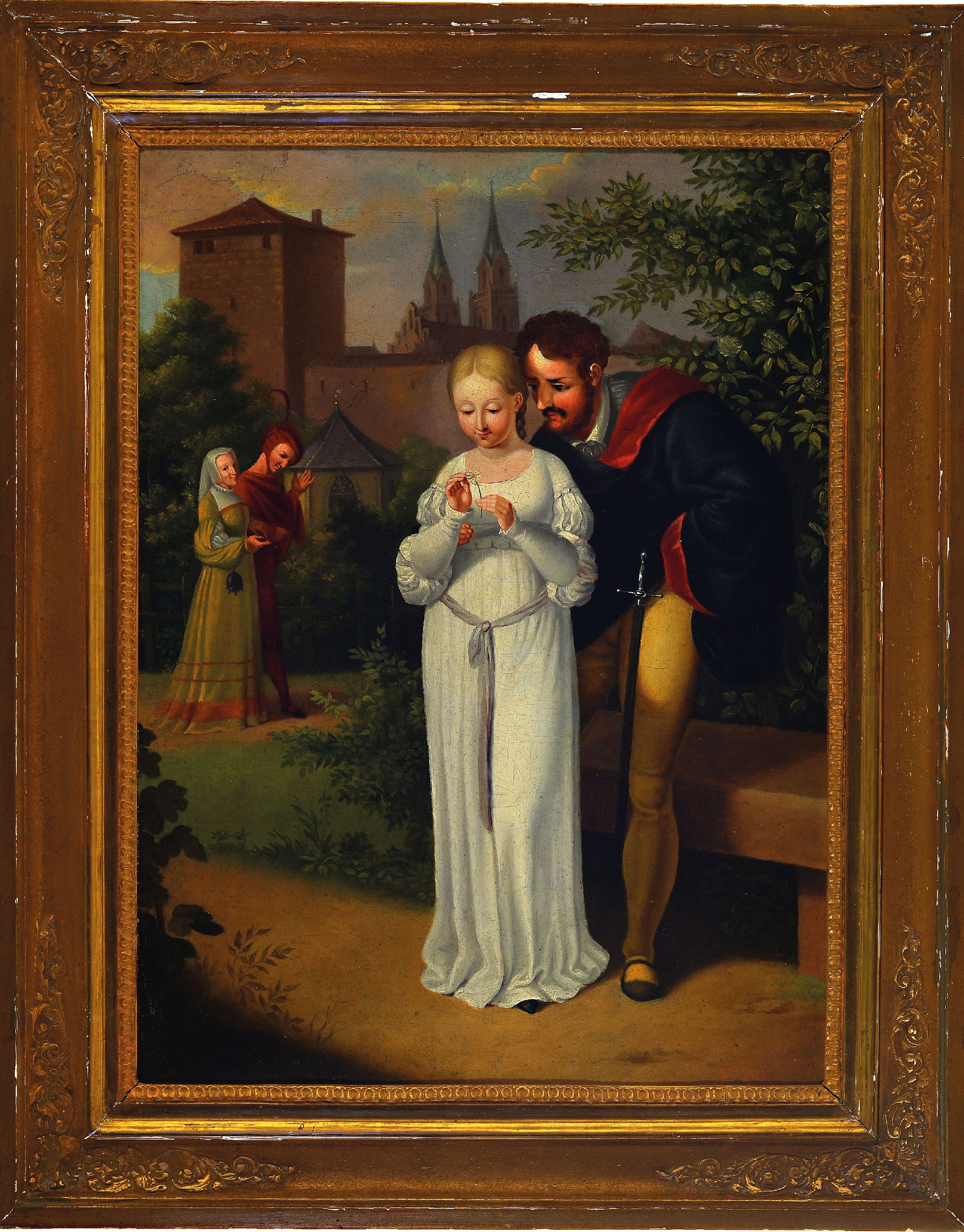 Detail k: Zuschreibung: Moritz Retzsch, 1779 Dresden-1857 Radebeul, Liebesglück, junges Paar, er beobachtet, wie sie die Blütenblätter eines ...