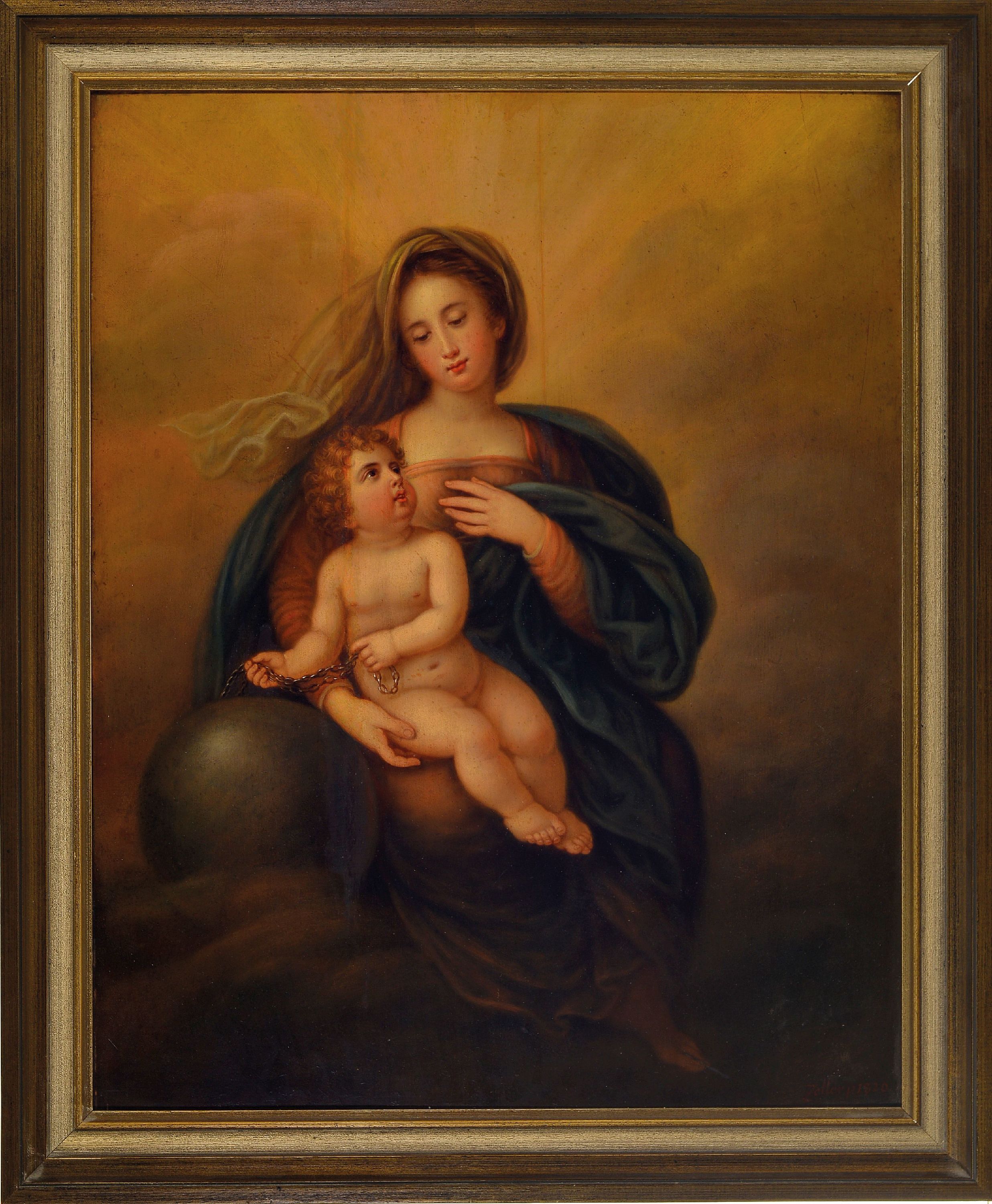 Detail k: Anton Zeller, 1760 bis ca. 1840, Maria Mutter Gottes mit dem Christusknaben, der an einer Kette eine große Kugel hält, Öl/Holz, ehemals zwei ...
