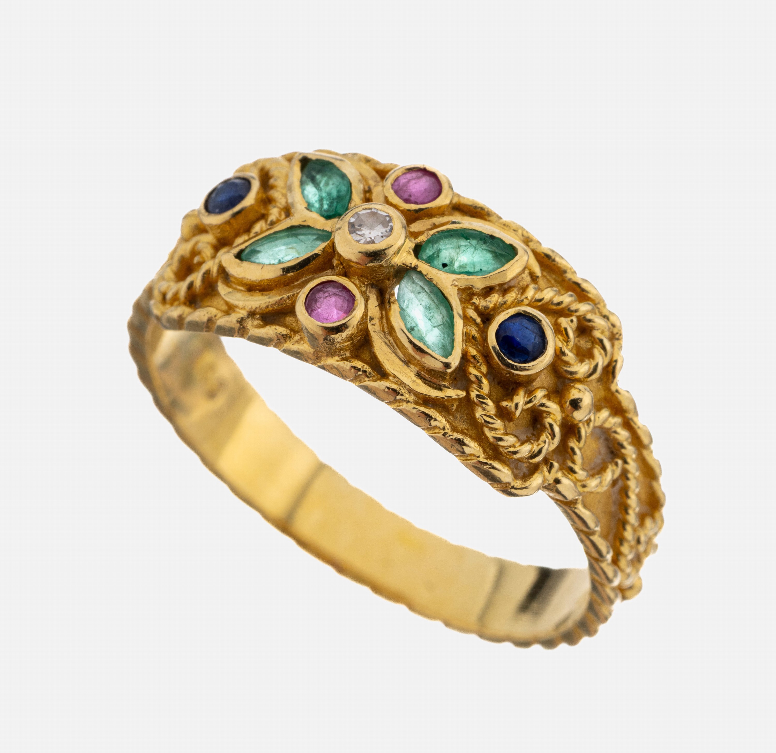 Image 27068454 - 18 kt Gold Smaragd-Rubin-Saphir-Diamant-Ring, GG 750/000, Orient, 4 Smaragd-Navettes ...